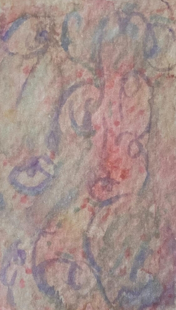 A photo of a painting. It's a mess of slightly swirly blurry blue and purple on pink, with dots of dark pink & red intermingling between them. Some of the colors bleed into the pink background, rather than staying solid. This piece is untitled.