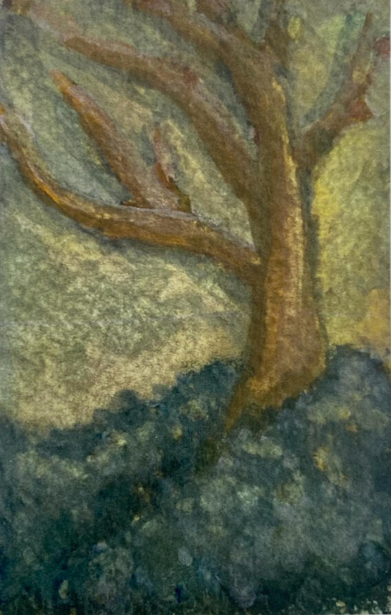A photo of a gouache painting. It depicts a leafless tree sitting atop lush greenery, seemingly later in the day. This piece is untitled.