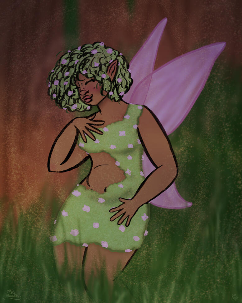 A digital half-body illustration of a black fairy with short curly moss hair, pink flowers interspersed among the curls. She happily dances among blades of grass, wearing a bodycon dress of moss with more little pink flowers. Her pink wings rest behind her