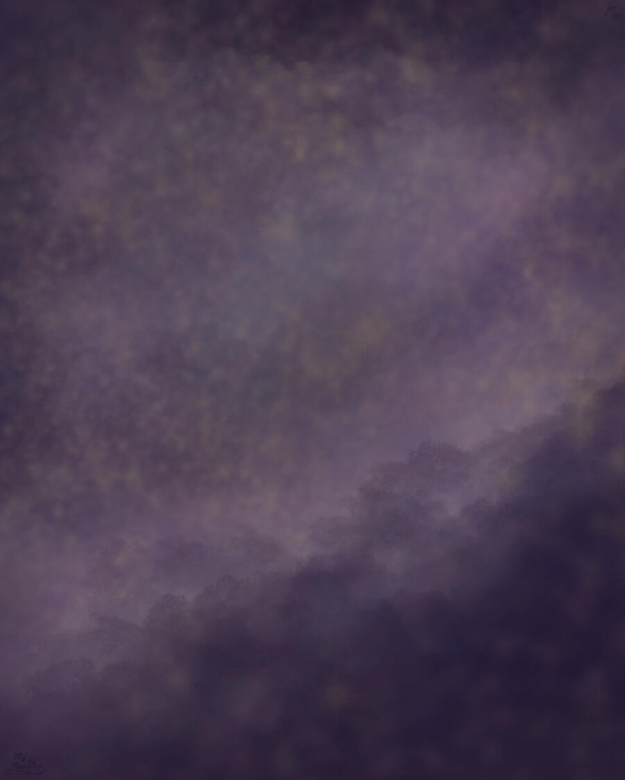 A digital illustration of thousands of golden stars in the form of small specks covering a mix of purple, grey blue, & pink sky with deep purple clouds around the piece. Heavenly light shines through the middle of the piece from below.