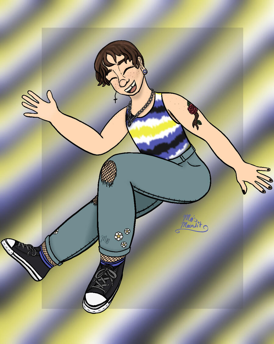A digital full-body of a white young adult transmasc individual in a nonbinary flag tie dye binder and light-colored jeans with holes in the knees. A huge smile is on their face.