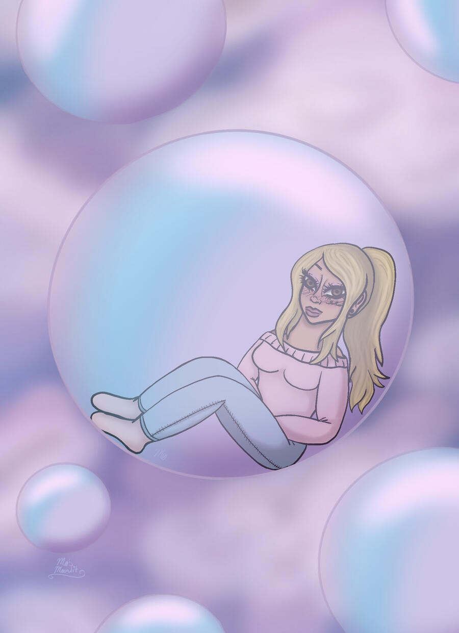 A digital full-body drawing of a young tan woman sitting in a bubble, floating up into the sky. She’s surrounded by other smaller bubbles, & pastel pink clouds fill the sky behind her.