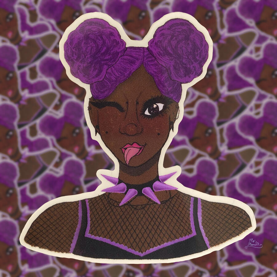 An 2.5x2.6 inch vinyl die-cut sticker of a black girl with bright purple hair in space buns, sticking her tongue out and winking.