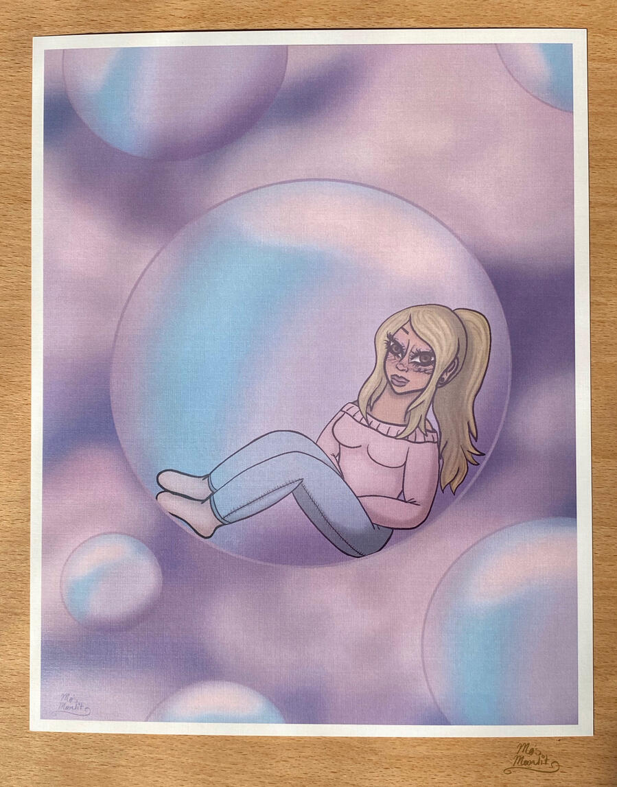 An 8x10 inch art print of a young tan woman sitting in a bubble, floating amongst pastel clouds & smaller bubbles.