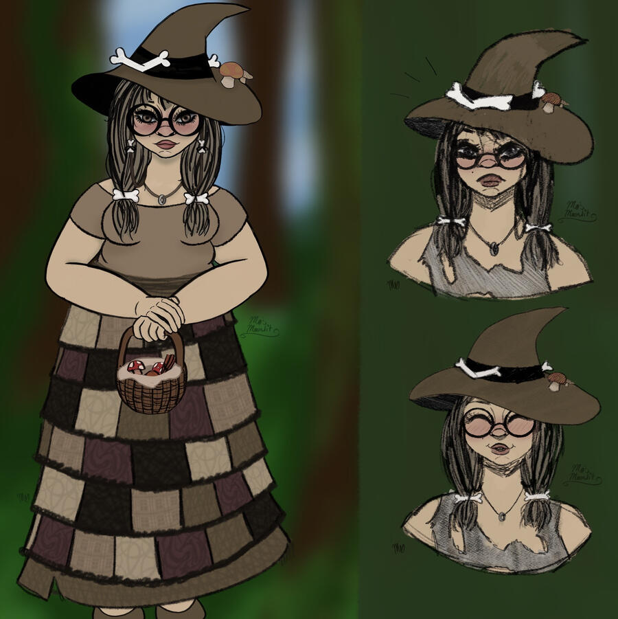 A digital character page of a nature witch containing one neutral/calm faced full-body on the left & two busts stacked on top of each other on the right. The top one looks surprised, the bottom full of joy.