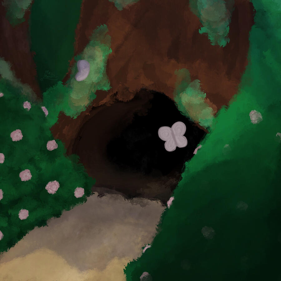 A digital illustration of the base of a tree with a hole in it, a dirt pathway leading into it surrounded by bushes filled with soft pink rose-like flowers. Two pale pink butterflies sit before the tree, one flying & the other resting.