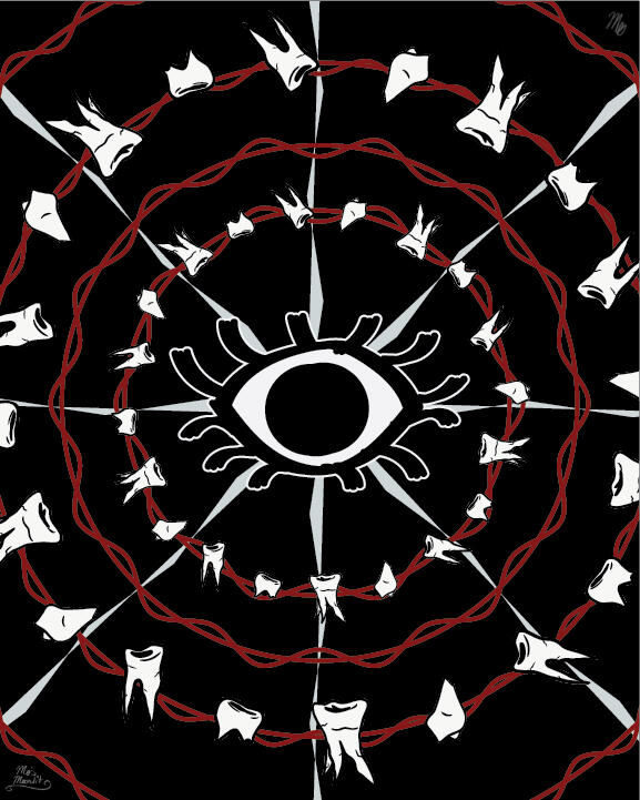 A digital illustration of a cartoonish eye sits in the center of 4 red wavy rings on solid black. The 1st & 3rd red rings are covered with teeth, the 2nd & 4th bare. Beneath it all, jagged pale gray lines break the piece into eighths, resembling cracks.