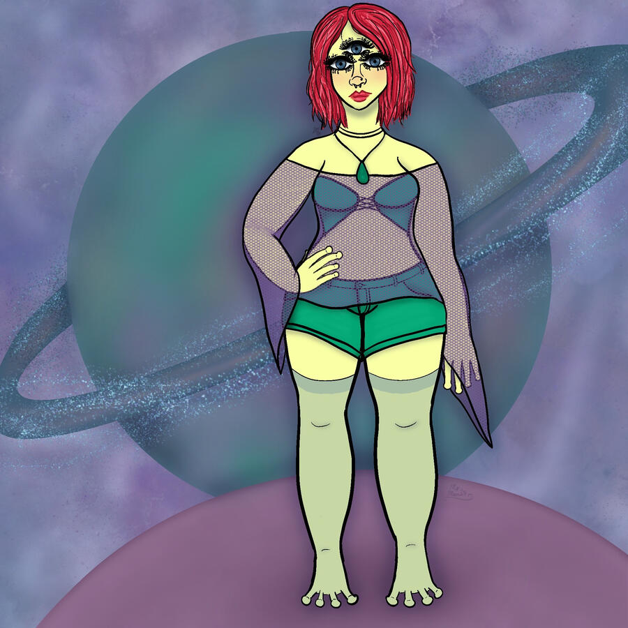 A digital full body drawing of a highlighter yellow/green alien girl with three eyes & bright red/pink medium length hair. She has silly little toes & stands on a purple planet, a planet with rings floating in space behind her.